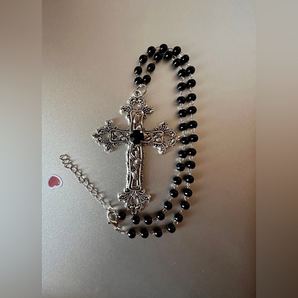 Statement Cross Necklace Floral Design Cross Goth Large Black Crystal Unisex New - Picture 7 of 11